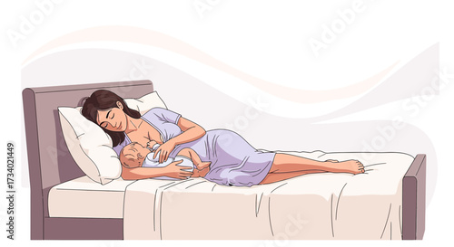 Illustration of a mother breastfeeding her baby while lying down on a bed showing love