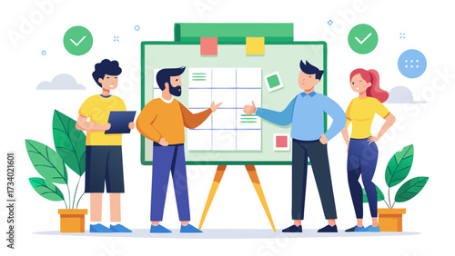 A group of people are standing around a white board with a green background. They are discussing a project and seem to be working together