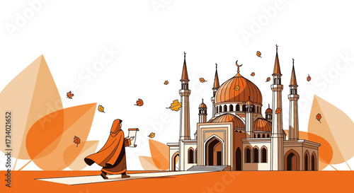 Illustration of a Muslim Scholar Walking Towards a Mosque during Autumn Season