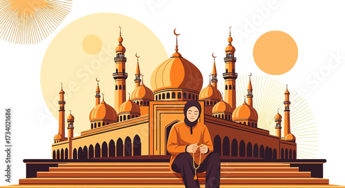 Illustration of a Muslim woman praying in front of a grand mosque during Ramadan celebration