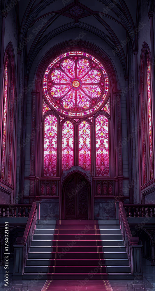 Fototapeta premium Grand gothic cathedral interior with ornate rose window and red carpeted staircase