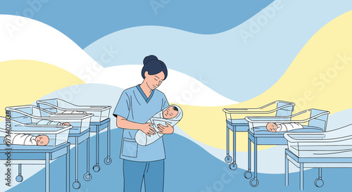 Illustration of a nurse holding a newborn baby in a hospital nursery surrounded by bassinets