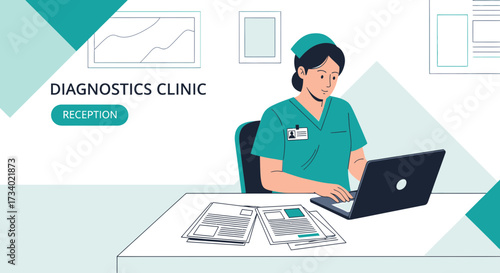 Illustration of a nurse working at a diagnostics clinic using a laptop at reception desk