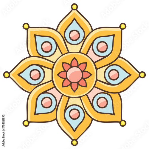 Colorful stylized floral mandala design, graphic element, decorative art