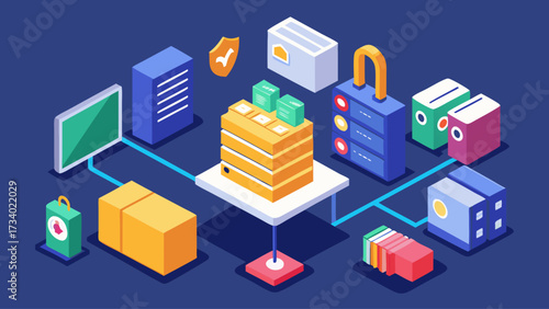 A blue background with a lot of boxes and a lot of different shapes. The boxes are of different sizes and colors. The boxes are connected to each other in a way that they form a network