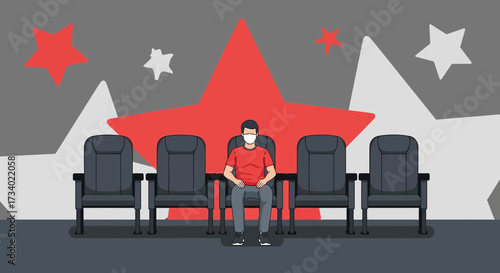 Illustration of a person in a mask sitting alone in a theatre adhering to social distancing rules