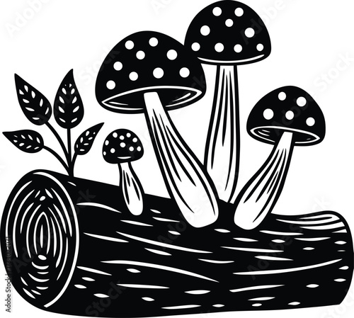 Whimsical illustration of a large red and white spotted mushroom with smaller mushrooms nearby