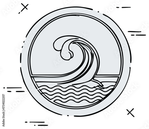 Circular emblem depicting an ocean wave with wavy lines in a hand-drawn style
