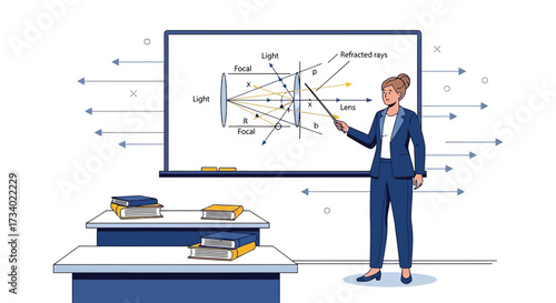 Illustration of a physics teacher explaining light refraction using a whiteboard diagram in