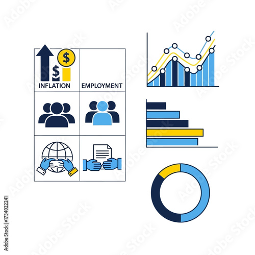 Visual representation of economic data, including inflation, employment, global trade, and financial graphs, alongside business icons.