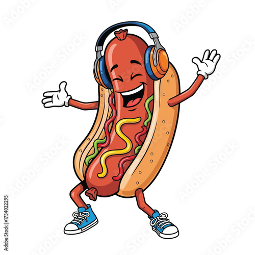 Vector illustration of a happy cartoon hot dog wearing headphones and sneakers, dancing with its arms open, isolated on a