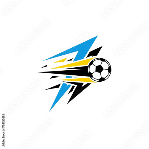 Dynamic abstract illustration of a soccer ball with motion blur and sharp geometric shapes in blue, yellow, and black.