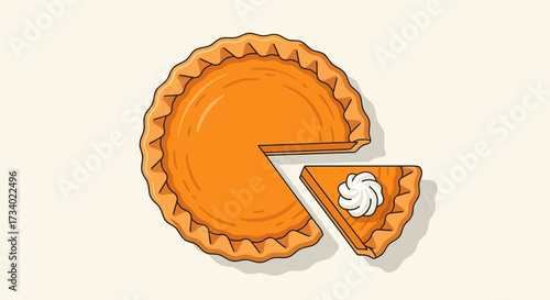 Pumpkin pie with whipped cream top view. Vector illustration in flat style on white background.