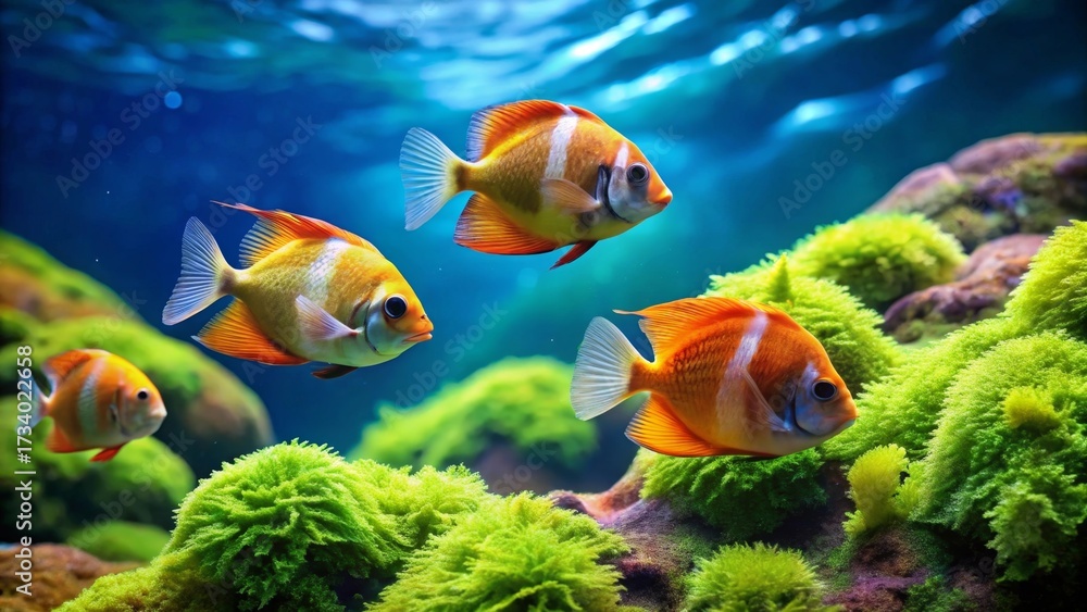 Fototapeta premium Vibrant orange and white fish swim gracefully amidst lush, green underwater flora in a tranquil aquarium scene.
