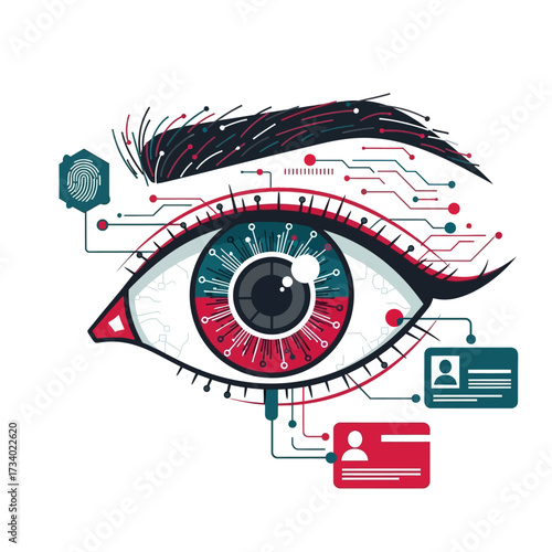 A futuristic illustration of a cybernetic eye representing biometric scanning, digital identity, and surveillance technology.