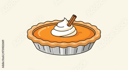 Pumpkin pie with whipped cream. Vector illustration in flat style on white background.