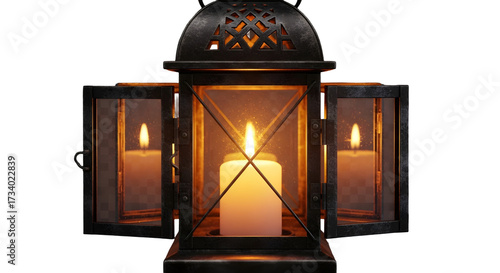 A detailed close-up of a black lantern with lit candles inside, doors open.