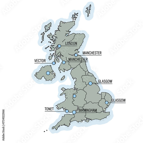 A stylized map of the United Kingdom showing major cities and locations across the country.
