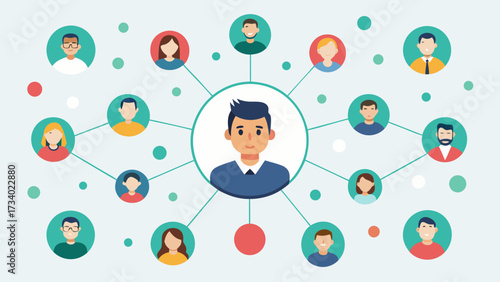 A man is at the center of a large circle of people. The people are connected to the man in a web-like pattern. Concept of community and togetherness