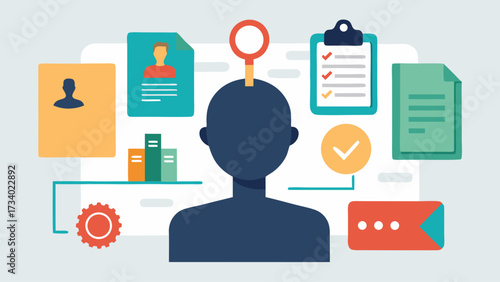A man is looking at a computer screen with a lot of papers and books. The man is focused on the screen and he is thinking