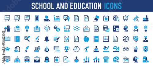 Set of School and education vector icon. Language, Draw, Sunglasses, Exercise, Work, Trophy, Clock, Science, Book, Speaker, Smart, Schedule, Report, Winner, Hand, Paint, Location illustration. 