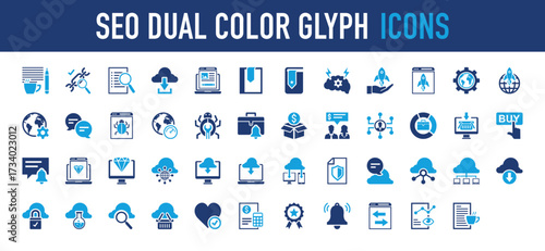 Set of Seo dual color glyph vector icon. Tag, Review, Bubble, Links, Dashboard, Invoice, Bell, Activity, View, Write, Writing, Database, Book, Think, Project,  Business, Settings, Setup illustration. 