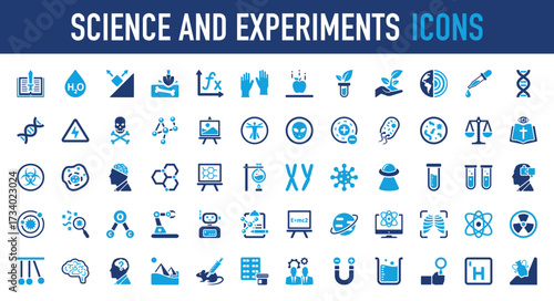 Set of Science and experiments vector icon. Idea, Insect, Experiment, Business, System, Find, Machine, Technology, Earth, Medical, Space, Mountain, Magnet, Search, Book, Broken, Math illustration. 