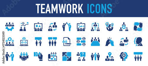 Set of Teamwork vector icon. Power, People, Business,  Communication, High, Social, Hand, Deal, Game, Document, Info, Idea, Target, Contacts illustration. 