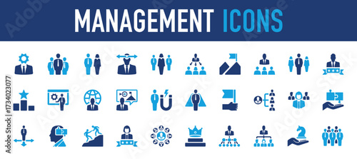 Set of Management vector icon. Arrow, Office, People, Target, Marketing, Group, Business, Game, Winner illustration. 