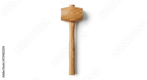 Wooden mallet isolated on white background, top view, carpentry tool.