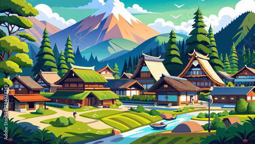 Gokayama, Aikura Gassho-Zukuri Village in Japan, Toyama Prefecture, Nanto, Toyama, presents a stunning traditional scene with steep thatched-roof houses, mountain backdrop, and cultural heritage 