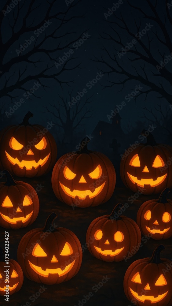 Fototapeta premium halloween wallpaper with glowing jack-o'-lanterns at night
