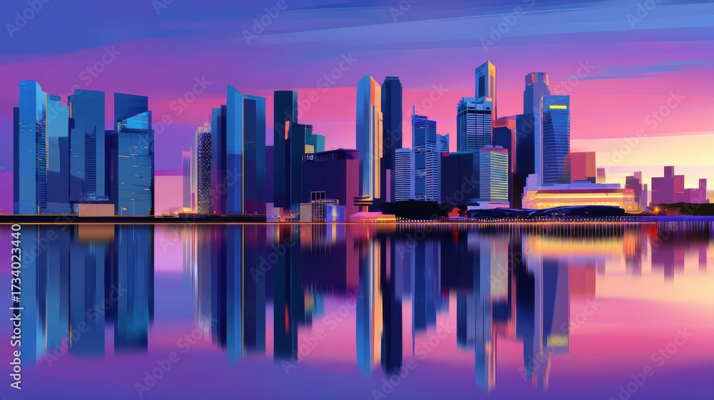 Obraz premium Vibrant city skyline at sunset reflecting on water, showcasing modern architecture and serene atmosphere