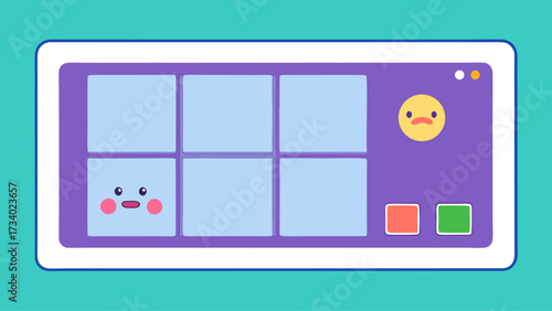 A cartoonish screen with a smiling face and a sad face. The screen is blue and white