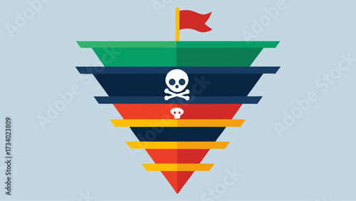 A pyramid with a flag on top and skulls on the sides. The pyramid is divided into four levels, with the top level being the most important