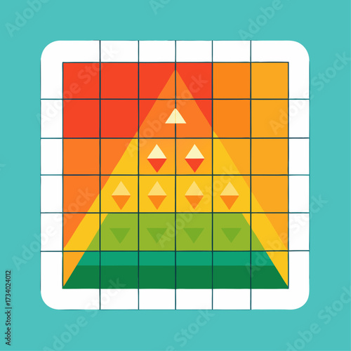 A colorful triangle puzzle with a green and yellow base and a red top. The puzzle is made up of squares and triangles