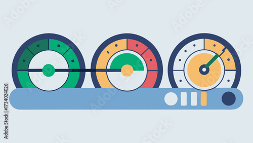 A blue and white image of three gauges with a green, yellow and red indicator. The gauges are arranged in a row and the green one is the leftmost