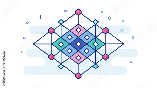 A colorful design with a blue diamond in the center. The diamond is surrounded by a network of blue and pink squares. The design is abstract and has a modern, futuristic feel to it
