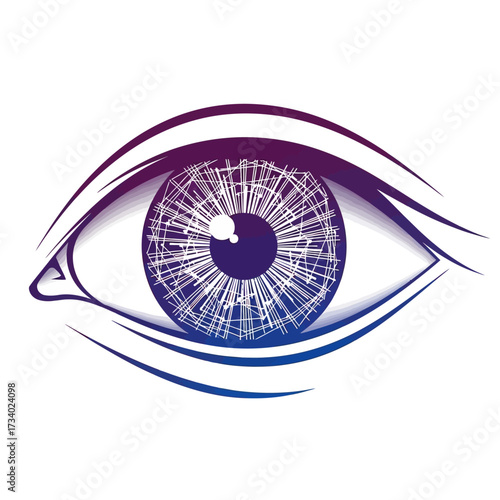 Stylized vector illustration of a human eye with a detailed, intricate iris featuring a futuristic, circuit-like pattern and a purple to blue gradient.