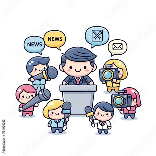 Cartoon illustration of a press conference with a speaker and reporters with microphones and cameras.