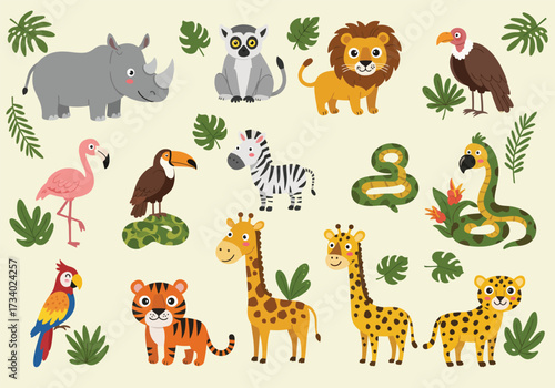 Set of flat vector illustrations in children's style of savannah animals. Cute rhinoceros lemur lion flamingo toucan vulture vulture snake zebra parrot tiger giraffe leopard cheetah