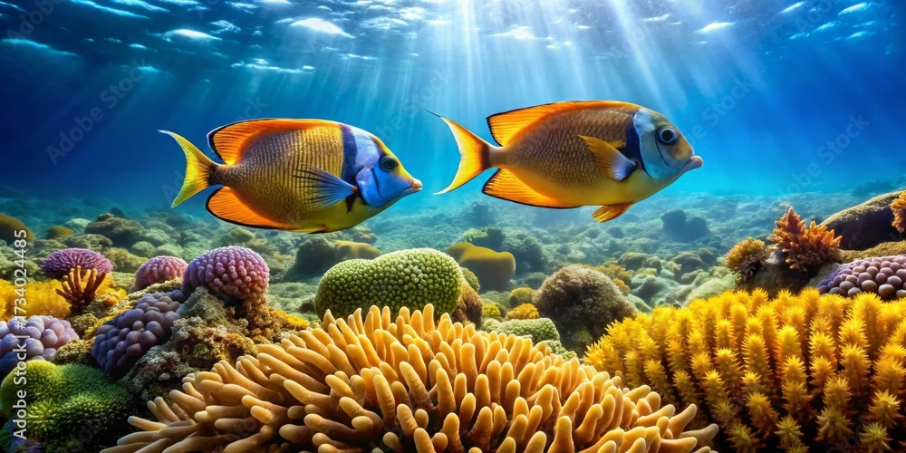 Obraz premium Vibrant Reef Inhabitants Gracefully Swimming Amidst a Lush Coral Garden Bathed in Sunlit Waters
