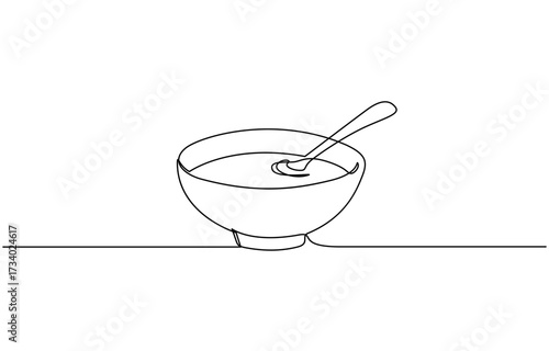 Continuous one line drawing of Bowl of hot soup with spoon vector illustration. Editable outline