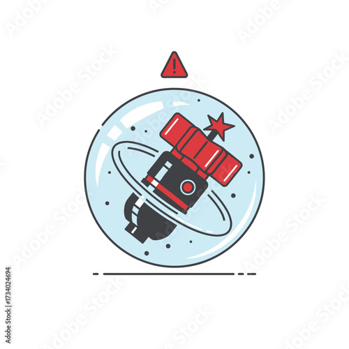 A stylized illustration of a satellite trapped inside a transparent bubble, with a warning sign above it.