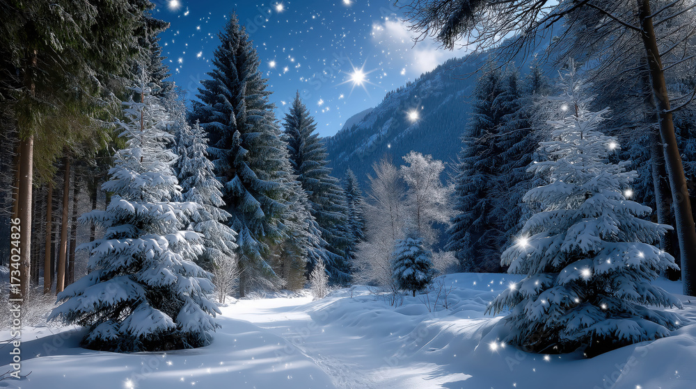Naklejka premium Serene winter landscape featuring snow covered trees and tranquil path, evoking sense of peace and beauty in nature