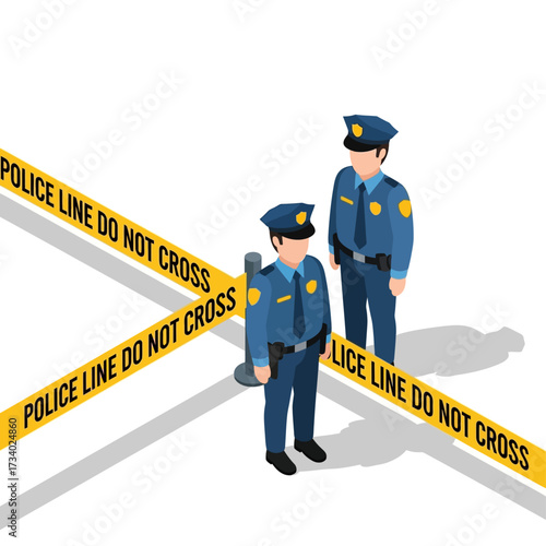 Illustration of two police officers standing behind police tape.