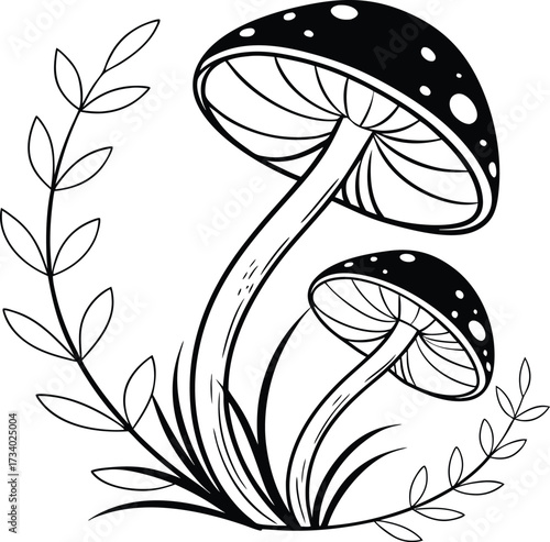 Whimsical silhouette of a mushroom in a windy autumn scene with falling leaves