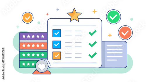 A white background with a green star and a red heart. The star is surrounded by a blue circle and the heart is surrounded by a purple circle. There are several check marks on the image