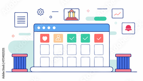 A computer screen with a lot of icons and a green check mark. The icons are arranged in a grid and the check mark is in the middle. Scene is busy and organized