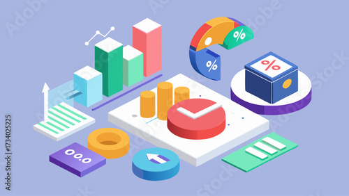 A colorful image with various shapes and numbers, including a red circle with a white arrow pointing to the right. The image is a representation of a graph or chart. Scene is lively and dynamic
